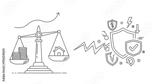A balance scale weighs stacked coins against a small house illustration, symbolizing asset comparison or property investment decisions against financial growth.