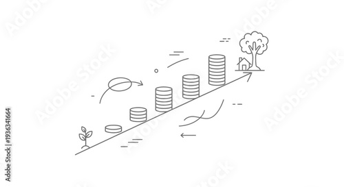 Progression of stacked coins illustrates financial growth ascending an arrow path toward a mature tree symbolizing long-term ecological investment and stability.