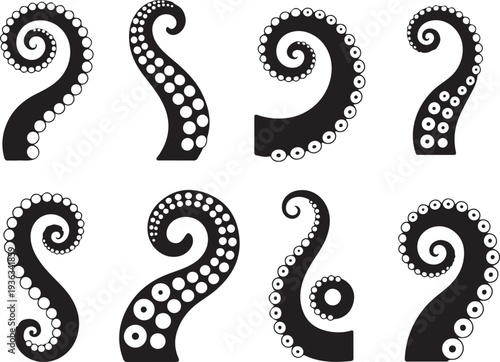 Set of eight black graphic elements of tentacle octopus, marine creatures with suckers