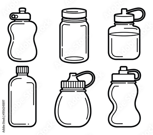 Set of Water Bottles Outline Vector Illustration