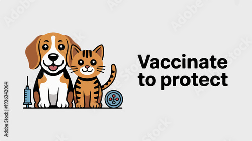 Cute dog and cat with vaccination message for pet health awareness and protection