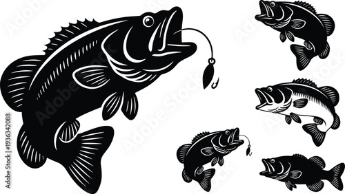 Black Bass Fishing Silhouette Collection Featuring Largemouth Bass Jumping with Lure and Hook Isolated on White Background for Angling Sports Outdoors and Fishery Vector Design
