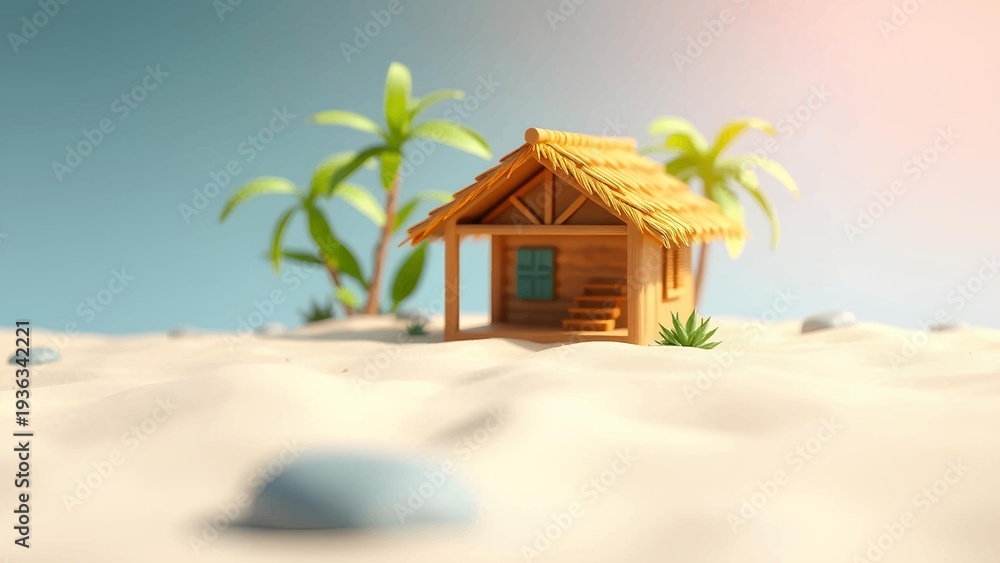 Fototapeta premium Idyllic Miniature Tropical Beach Hut on Sandy Shore with Palm Trees under Blue Sky