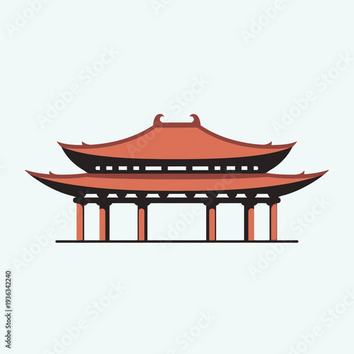 Traditional Asian Pagoda Architecture, Red Roof Temple Building, Oriental Style