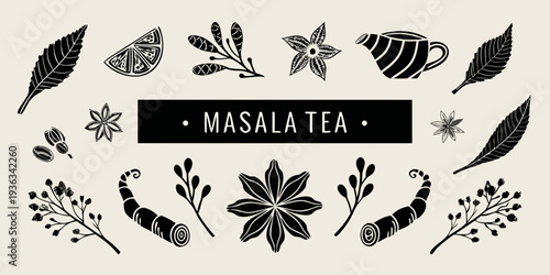 Masala tea illustration featuring botanical elements and a teacup
