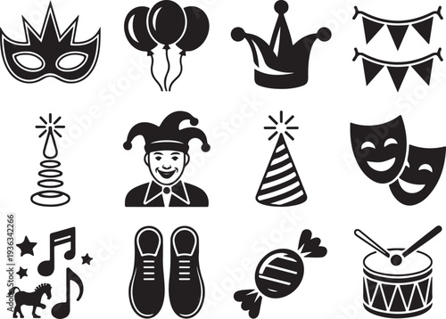 Carnival and festival party elements collection with masks balloons musical instruments and favors