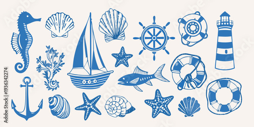 Blue nautical illustrations featuring seashells boats and ocean life