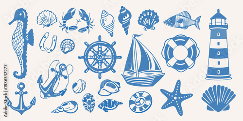A collection of blue nautical illustrations including shells boats and sea life