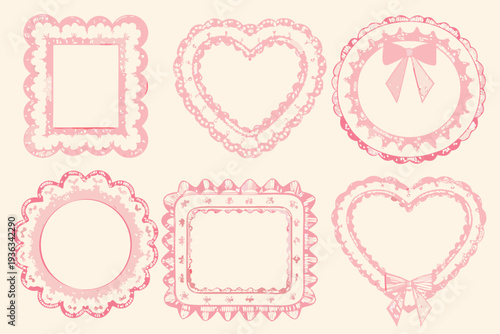 Pink decorative frames and shapes with ornate scalloped edges presented