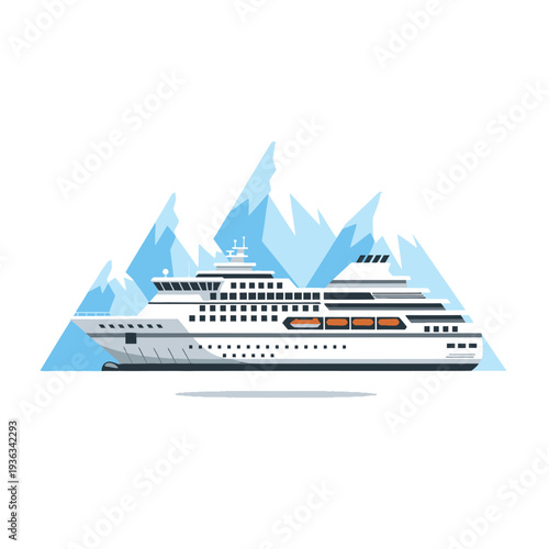 Modern cruise ship sailing through icy arctic mountains, adventure travel, exploration