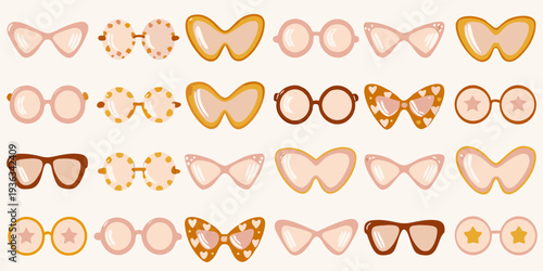 A collection of illustrated sunglasses in various styles and colors