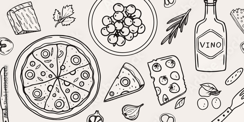 Sketch of italian food including pizza grapes and a wine bottle