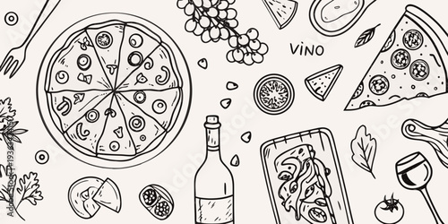 Sketch of pizza wine and other italian food elements