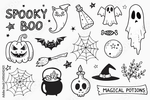 Hand drawn halloween doodles featuring ghosts pumpkins and spooky elements