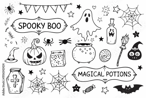 Hand drawn halloween elements including ghosts spiders and pumpkins