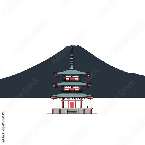 Traditional Japanese Pagoda and Mount Fuji Silhouette - Iconic Landmark Illustration