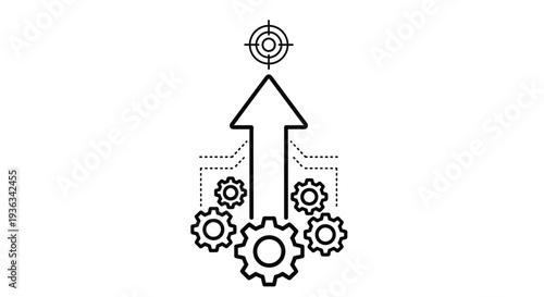 Gears driving an upward arrow toward a target symbol represent focused effort and mechanical processes leading toward achievement of objectives.