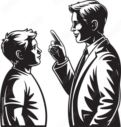 Father lecturing son silhouette man pointing finger at child serious conversation serious dad