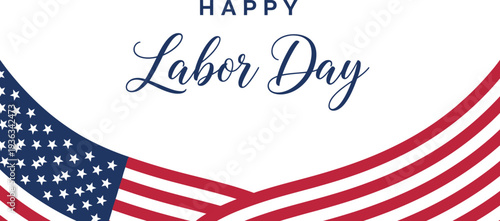 Happy Labor Day greeting card design featuring the American flag with stars and stripes on a white background