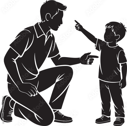 Father kneeling talking to son pointing at something child listening attentive dad teaching kid