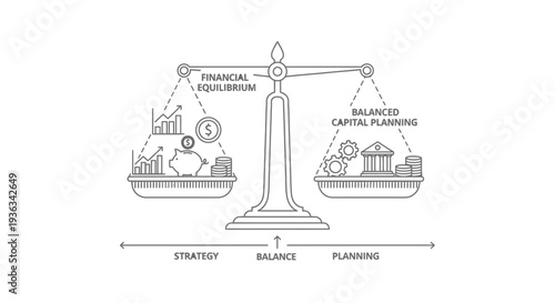 A stylized balance scale illustrates the comparison between financial equilibrium and balanced capital planning for strategic investment decisions.
