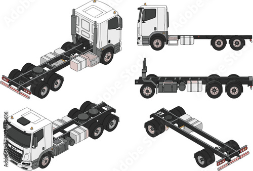Detailed isometric and orthographic technical blueprint illustrations of DAF heavy-duty truck chassis cab with flatbed frame, multiple angles views for commercial vehicle design engineering