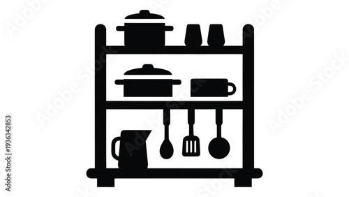 Modern black kitchen shelf rack with utensils and coffee maker for organized home storage solutions