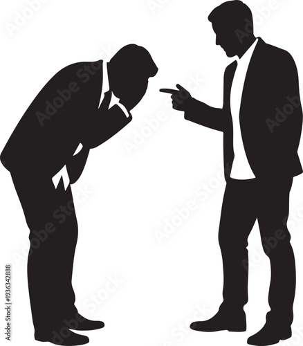 Angry boss points finger at subordinate bowing head ashamed during business meeting on transparent background.