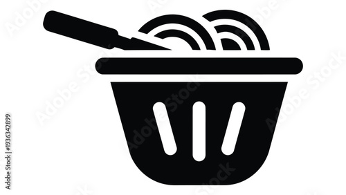 Noodle strainer basket draining pasta water with steam isolated on white background kitchen cooking utensil