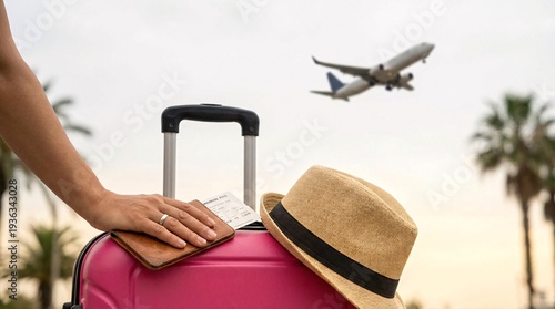 Woman's hand on a pink suitcase, passport, ticket, and hat with airplane taking off in the background, symbolizing travel and vacation