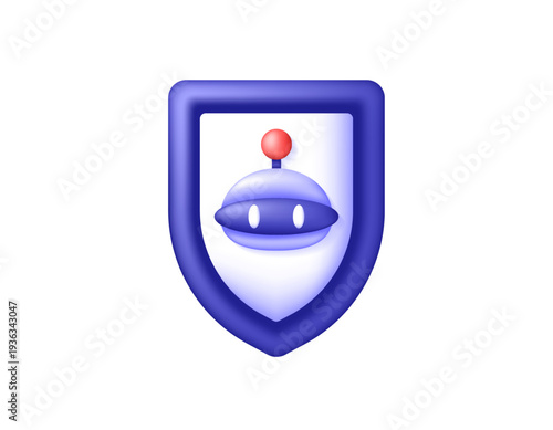 The concept of a security and protection system using AI. Artificial intelligence security software. Cybersecurity and antivirus. 3D style illustration of a shield and a robot head. Icon, sign