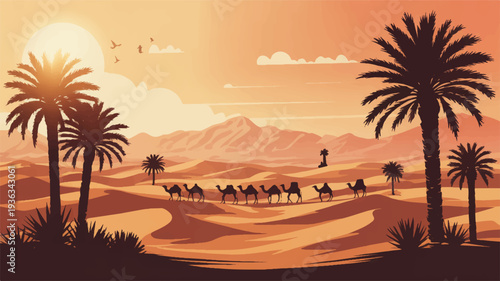 Desert caravan journey at sunset with palm trees and sandy dunes serene travel landscape
