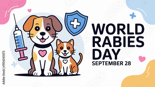 Cute dog and cat world rabies day awareness illustration with syringe and medical shield