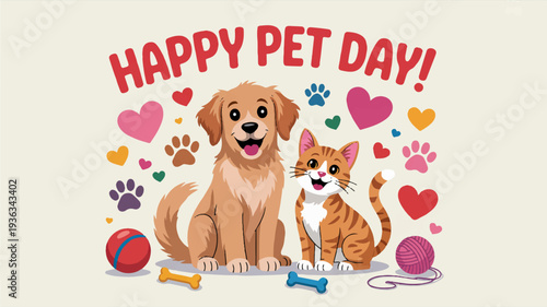Friendly dog and cat sitting together on happy pet day with toys and hearts around them