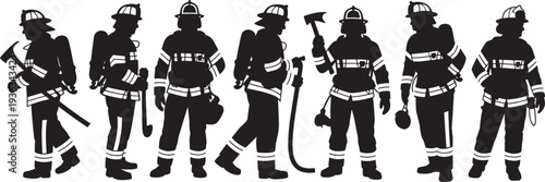 Rescue worker silhouettes group of firefighters in action poses with emergency tools and equipment
