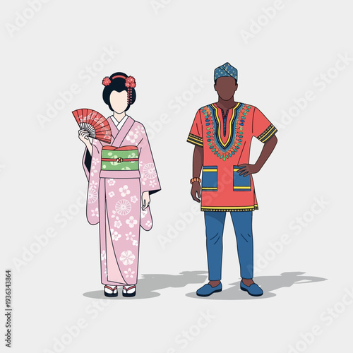 Japanese Woman in Kimono and African Man in Dashiki, Cultural Diversity, Traditional Outfits