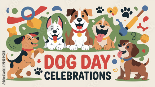 Happy dogs celebrate dog day with colorful decorations and playful accessories around them