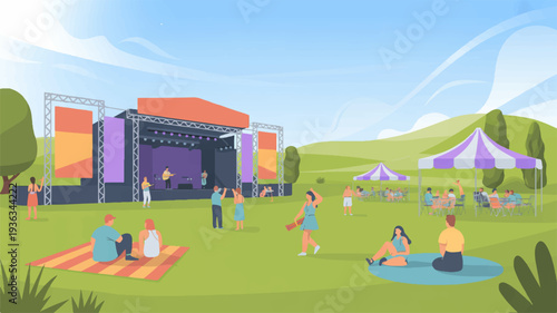 People enjoying outdoor music festival with stage and tents in green hill landscape