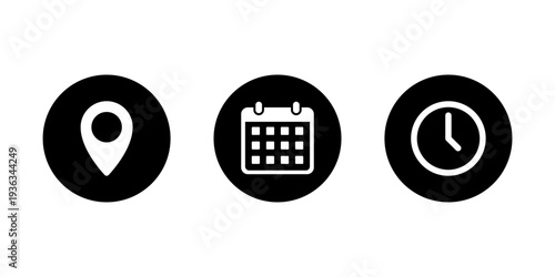 Location, calendar, and clock icon in black circle. Map pin, date, and time symbol. Event schedule sign