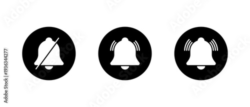 Bell alert icon set in black circle. Mute and ring notification symbol