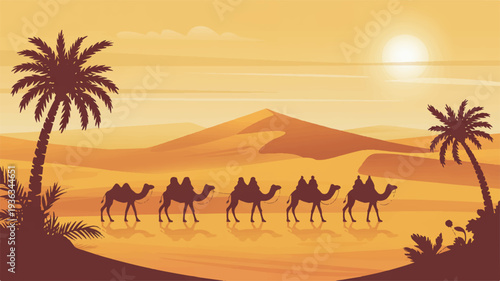 Desert caravan with camels walking under sunset with palm trees and mountains in background