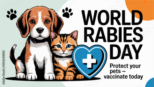 World rabies day pets vaccination awareness poster with dog and cat