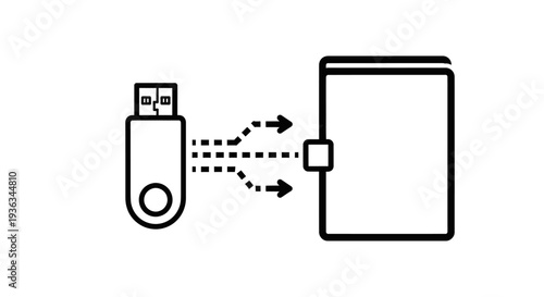 Small rectangular flash drive transfers data using dotted lines toward a larger rectangular device indicating digital information exchange and connectivity.