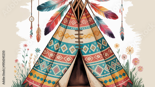 Colorful native american teepee with feathers and floral patterns in nature