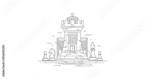 A stylized fortress structure resembling a rook chess piece stands prominently between a knight and a bishop piece on a minimalist white background.