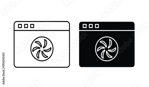 Black and white browser window icons with a loading animation symbol inside