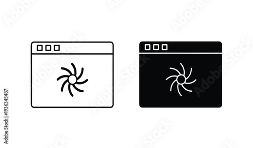 Black and white browser window icons with a loading animation symbol