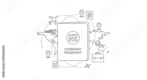 A large company passport document is centered over a world map outline, surrounded by travel icons like airplanes and location pins, signifying global mobility.
