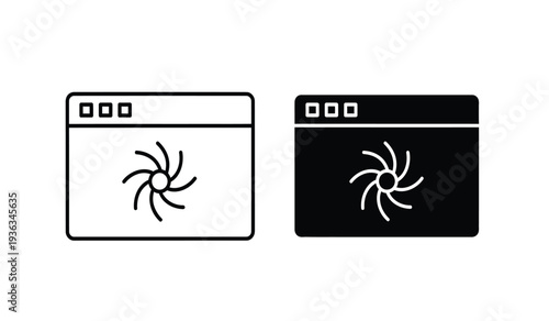 Black and white icons of web browser windows with spider or bug inside