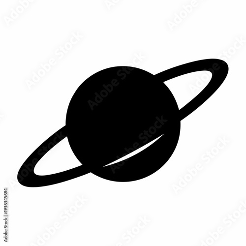Black silhouette of a ringed planet on a white background